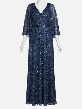 Basix Women's Blue Cape Sequin Beaded Caped Gown Dress Size 8